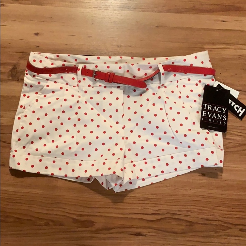 Red and white polka dot shorts with red belt